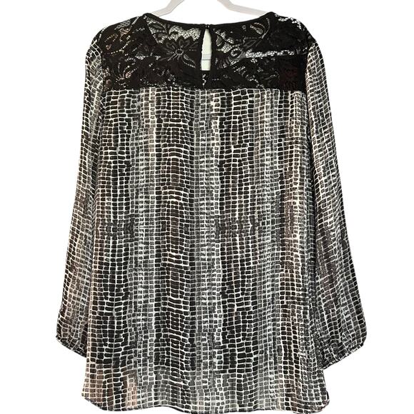 ALYX Top Tunic Blouse Black 1X Geometric Crochet Neck Long Peasant Sleeve Sheer - Picture 5 of 10